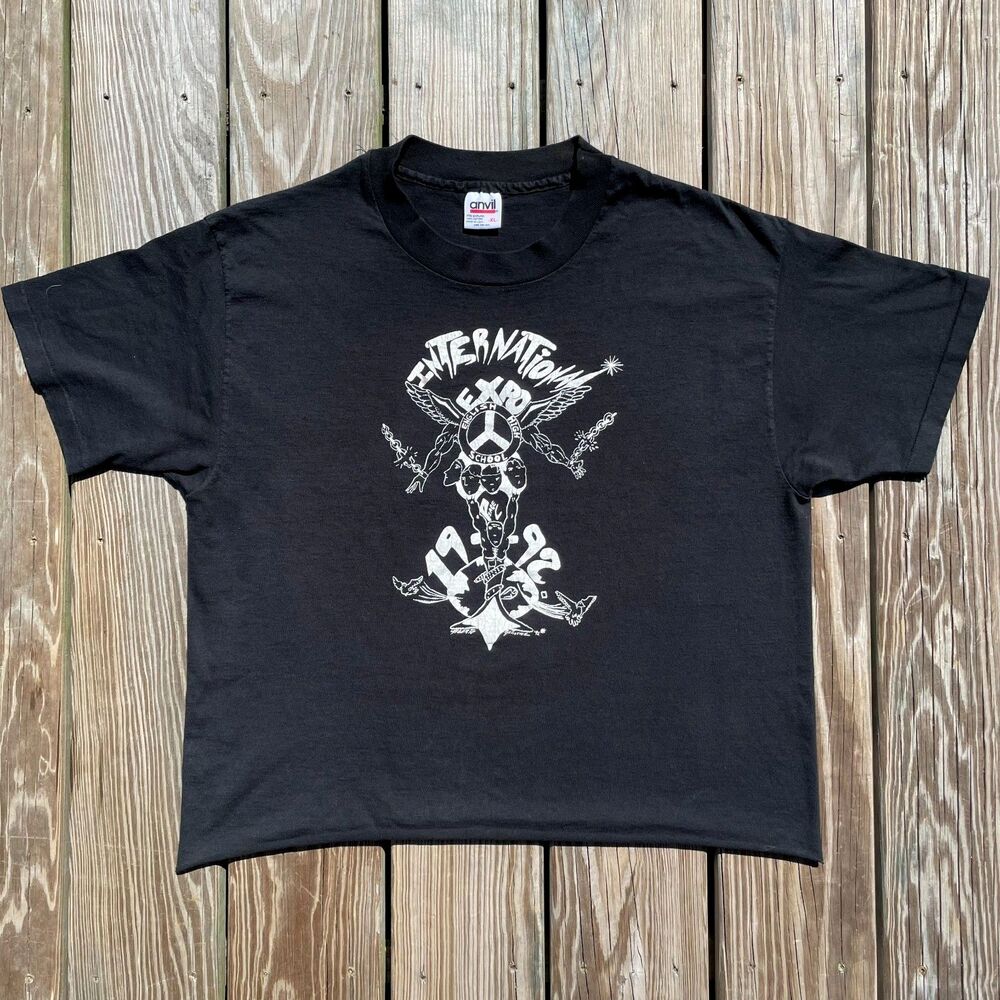 Single Stitch Anvil 90s Punk Emo Graphic T-Shirt XL Black Cropped True Vintage